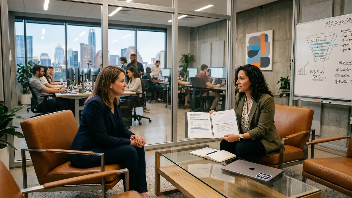 B2B SaaS CMO interview at a growth-stage tech company with two professionals reviewing CMO compensation schedule, equity vesting structure, and demand generation strategy