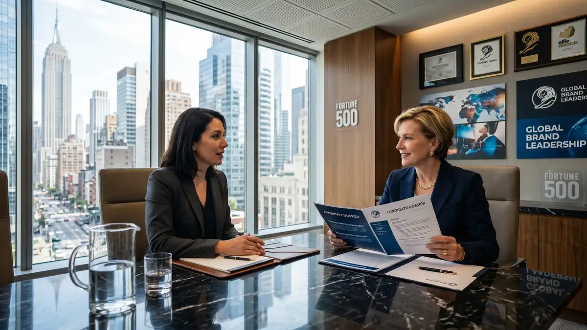 Fortune 500 CMO interview at a corporate marketing headquarters with two professionals reviewing brand portfolio strategy and marketing P&L summary