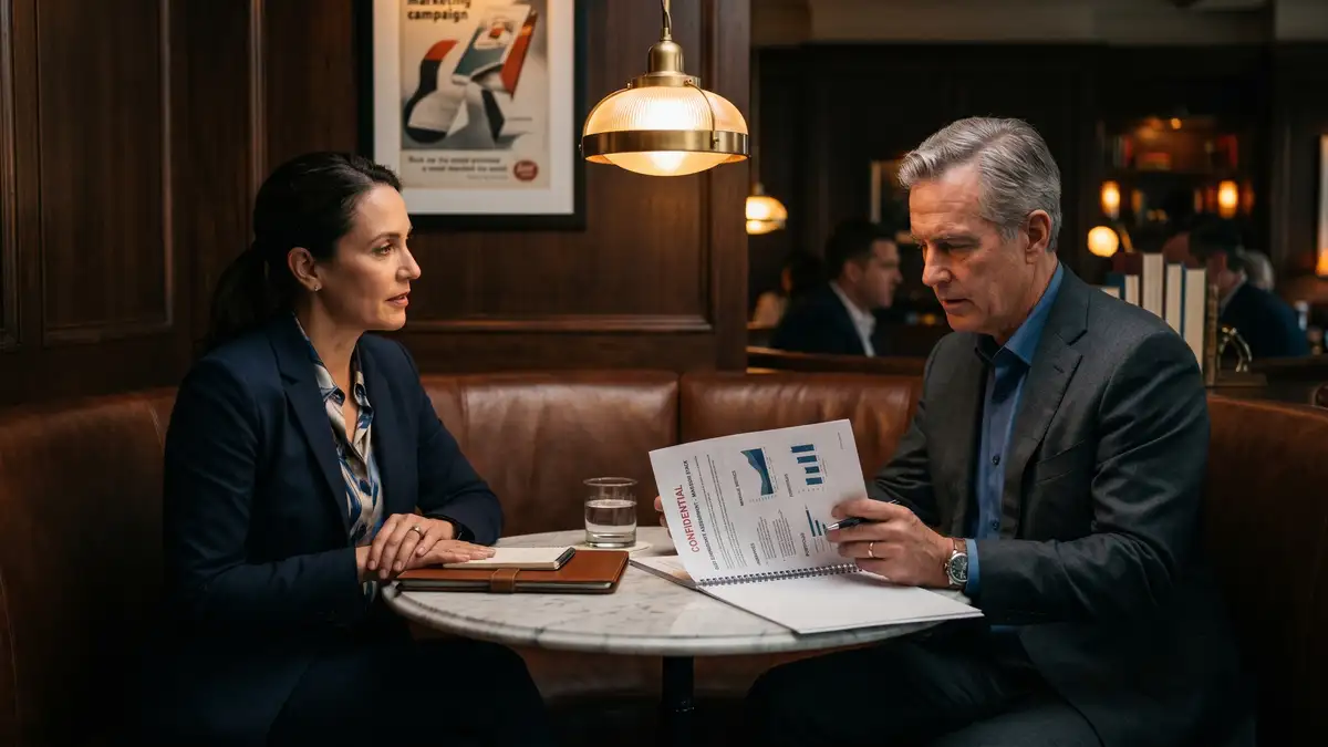 Confidential CMO candidate interview at a private booth in a Manhattan or San Francisco members club with two professionals reviewing a martech stack assessment document