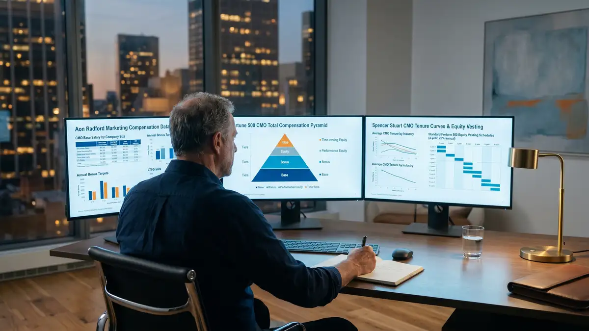 Senior marketing compensation consultant analyzing CMO compensation benchmarks across three monitor displays