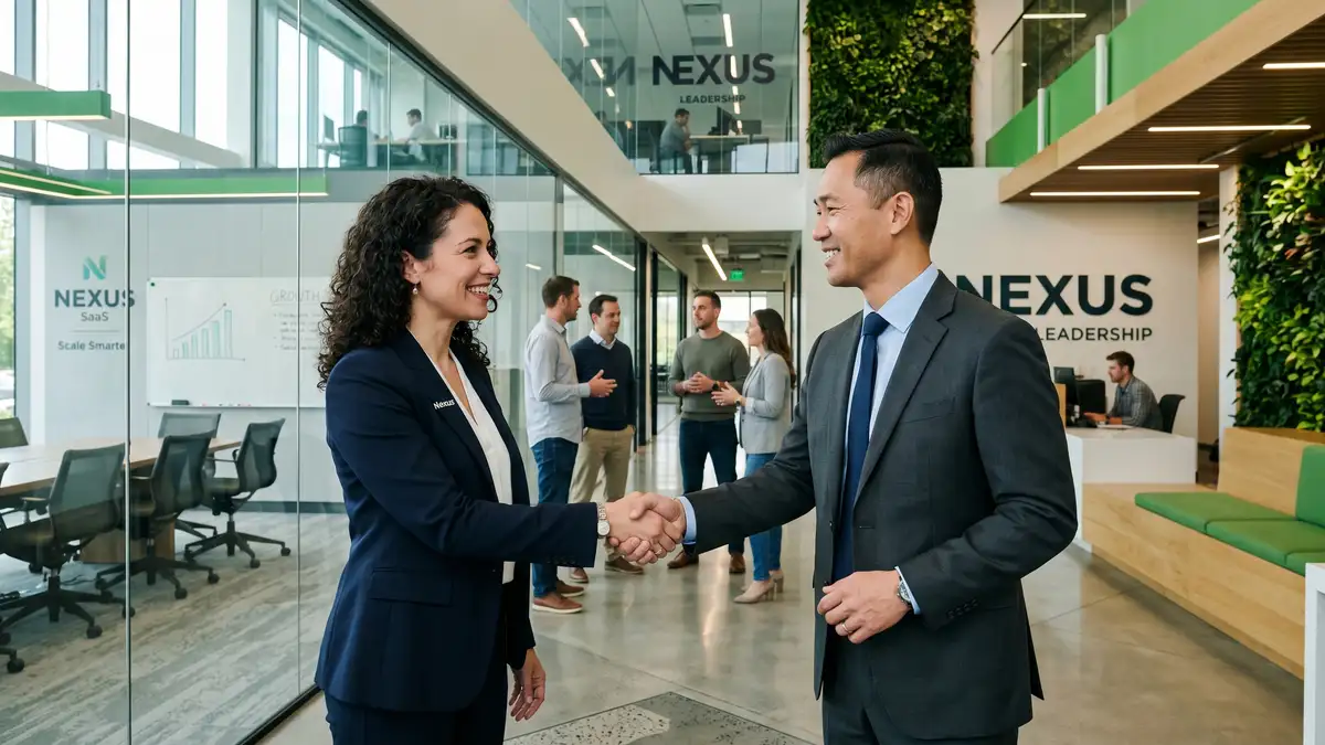SaaS founder shaking hands with newly hired VP in office lobby with leadership team behind