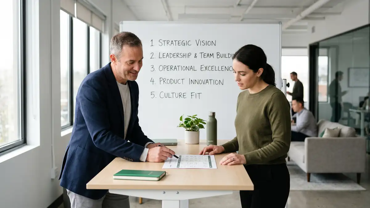 Founder and Chief of Staff at standing desk reviewing hiring scorecard for VP candidates