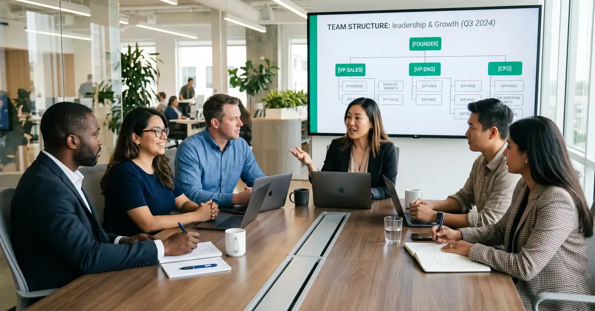 SaaS founder mid-conversation with newly hired leadership team of five executives reviewing org chart on screen