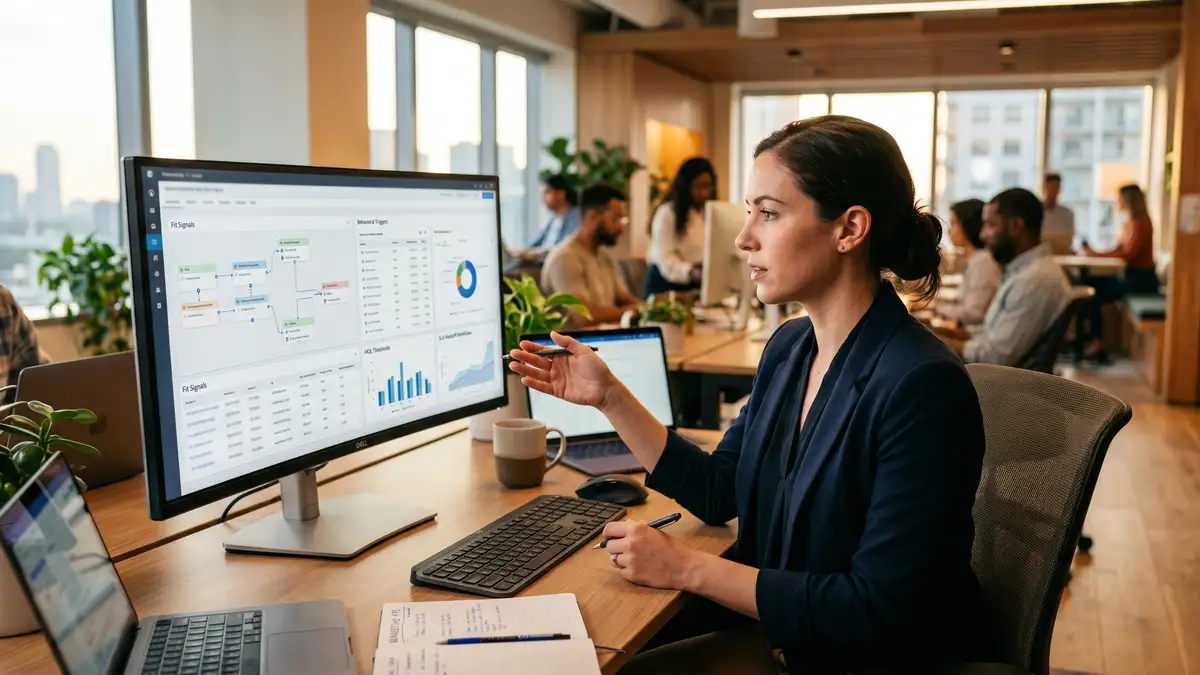 Marketing operations specialist examining a lead qualification rule engine on a large monitor with fit signals, behavioural triggers, MQL threshold definitions, and SLA handoff workflows