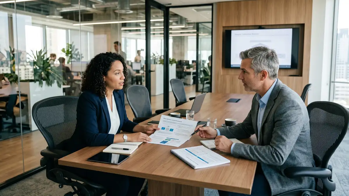 Sales and marketing leaders facing each other across a glass-walled meeting room reviewing an MQL definition document and SLA framework