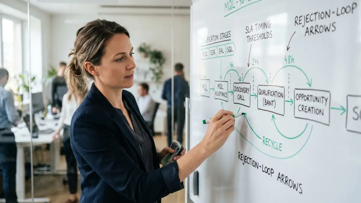 Revenue operations leader sketching MQL-to-SQL handoff workflow on whiteboard