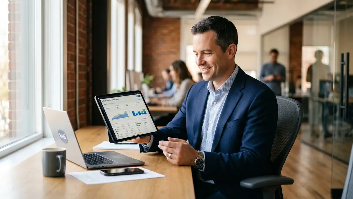 B2B SaaS sales director reviewing MQL-to-SQL conversion queue on tablet