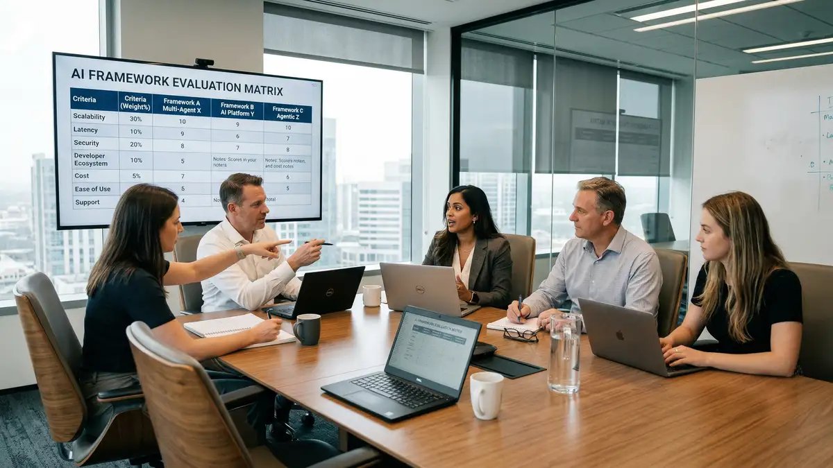 B2B leadership team evaluating multi-agent AI framework options for enterprise workflow automation deployment