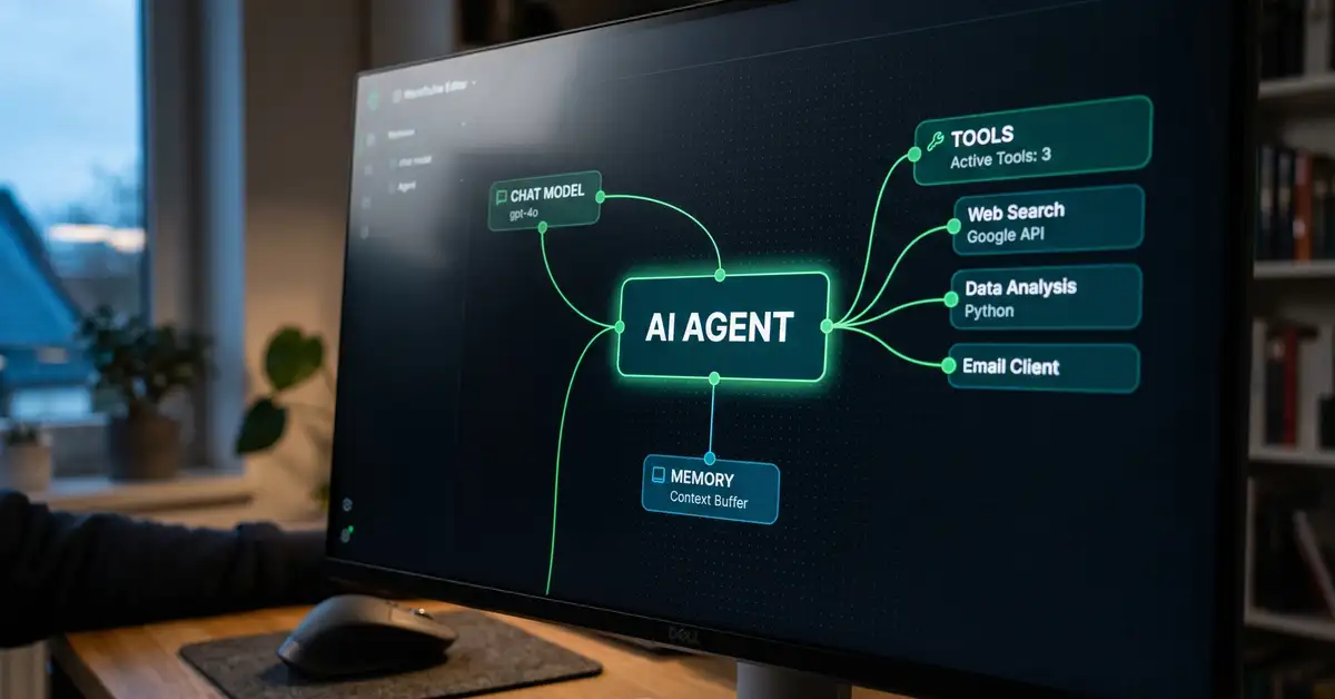 Close-up of an n8n AI agent workflow editor showing a central agent node with connected chat model, memory, and tool sub-nodes
