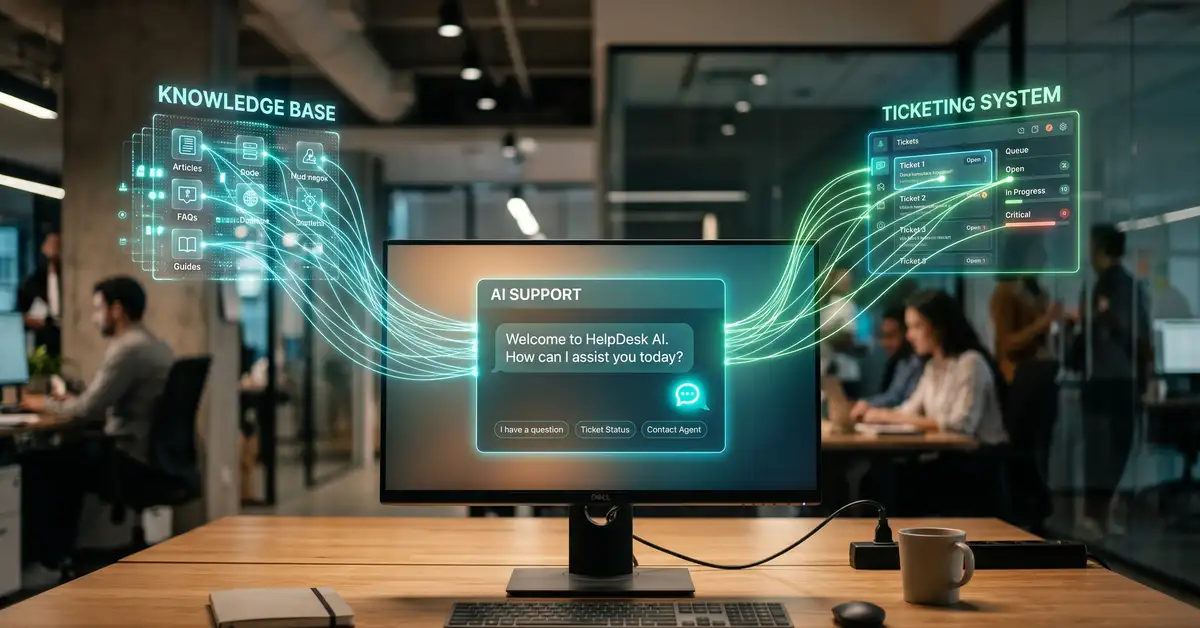 A customer support AI agent shown as a chat interface connected to a knowledge base and a ticketing system