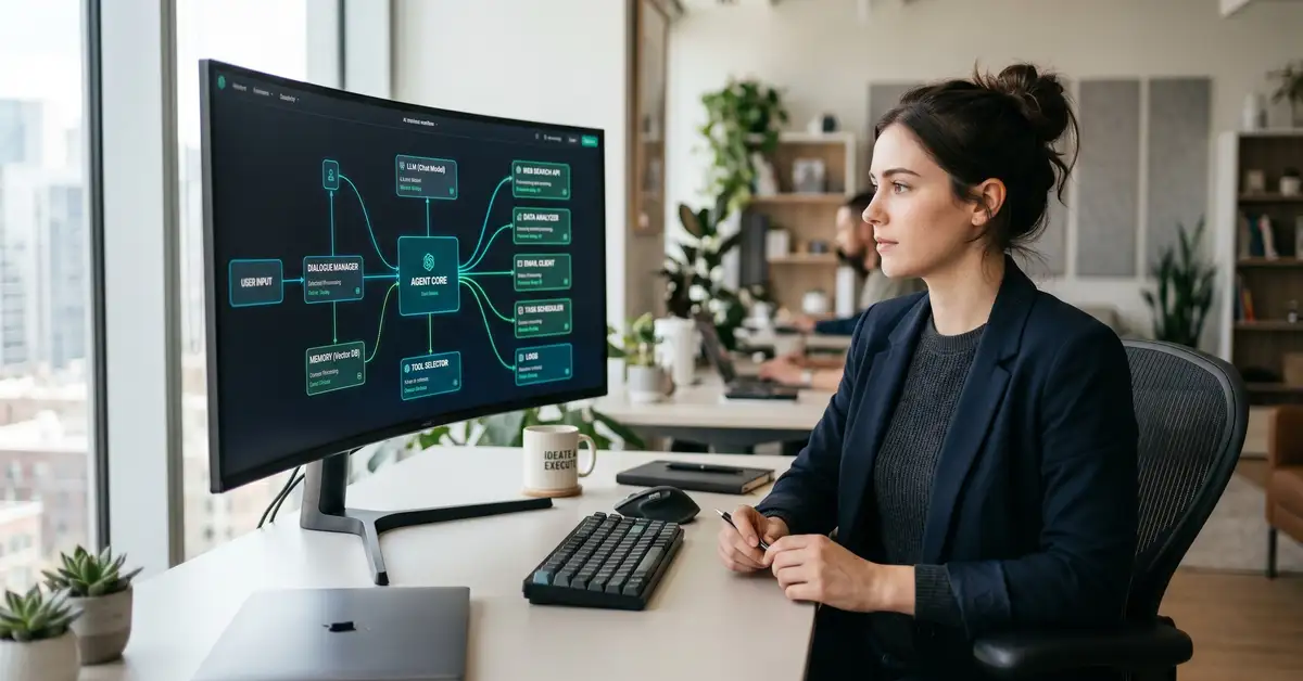 A professional watching an n8n AI agent workflow run on a monitor, the screen showing an agent node connected to a model, memory, and tools