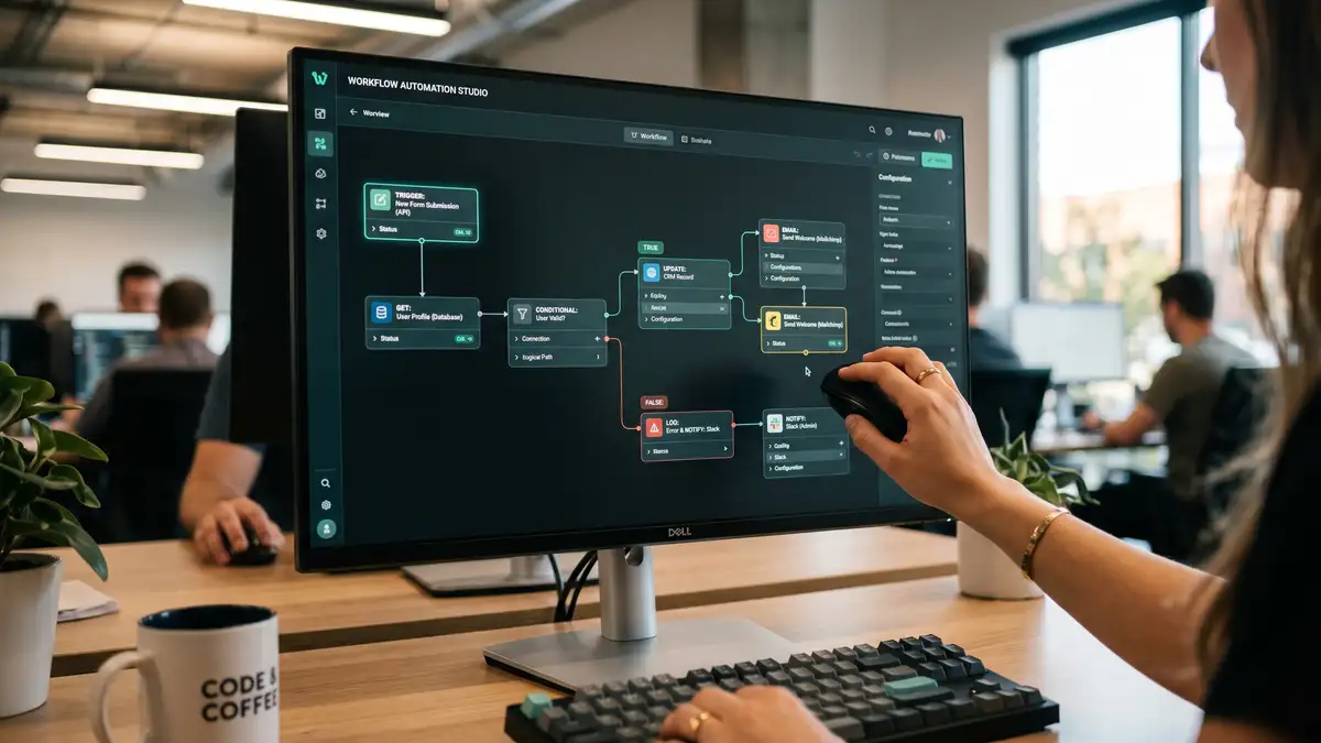 Low-code workflow automation builder on screen showing connected nodes, representing the leading n8n alternatives for B2B teams in 2026