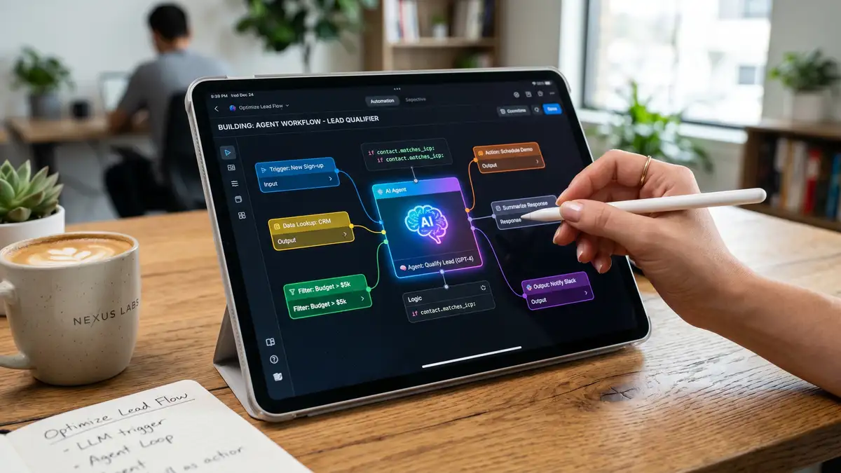 Tablet showing an AI agent workflow built from automation blocks, representing AI-native capabilities in n8n alternatives like Zapier and Activepieces