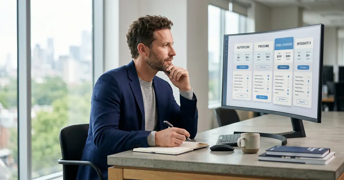 B2B technical decision-maker comparing several automation platform options on screen, evaluating the best n8n alternatives in 2026