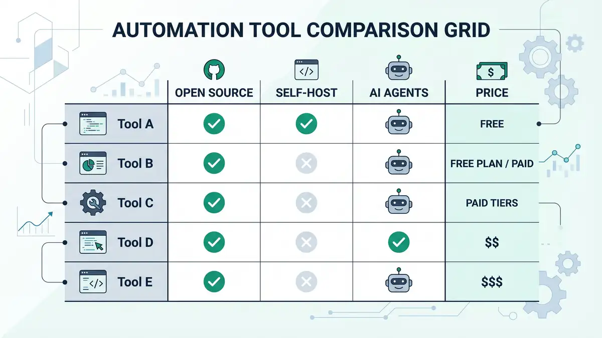 Comparison-matrix infographic of n8n alternatives across open source, self-hosting, AI agents, and price, in peppereffect brand colours