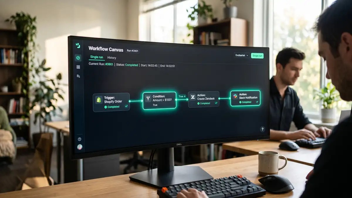 Workflow automation canvas showing connected nodes completing a single run, illustrating n8n execution-based pricing where one full run counts as one execution