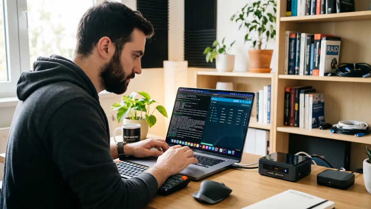 Developer setting up self-hosted n8n with Docker containers and a terminal, illustrating the free Community Edition self-hosting option