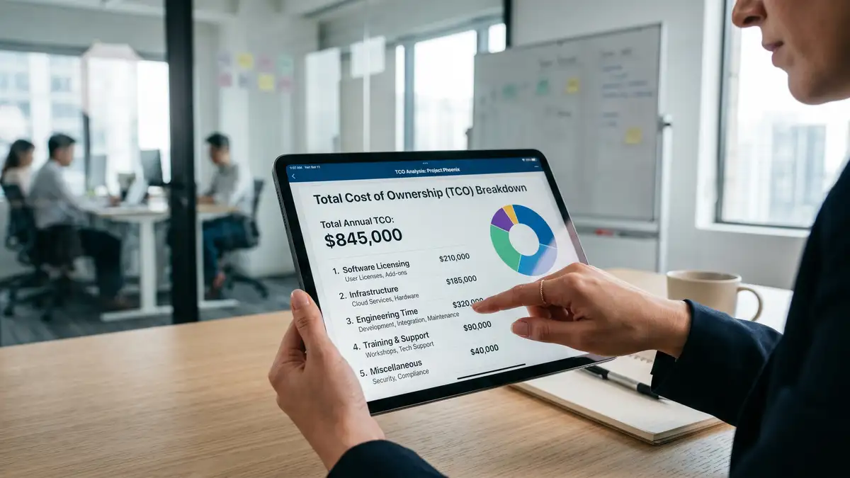 Tablet showing a total cost of ownership breakdown for self-hosted n8n with licensing, infrastructure, and engineering line items