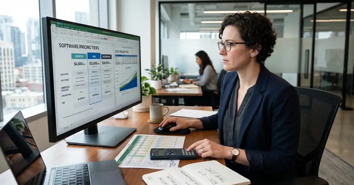 B2B operations leader reviewing n8n pricing tiers and a cost projection on a monitor, evaluating the true cost of n8n at scale