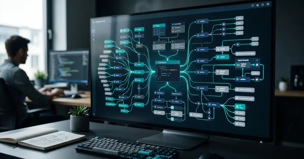 A flexible node-based workflow branching freely with a code block, representing a powerful customisable builder