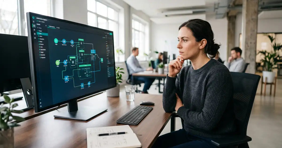 An automation engineer evaluating a node-based workflow automation platform on a monitor showing connected nodes