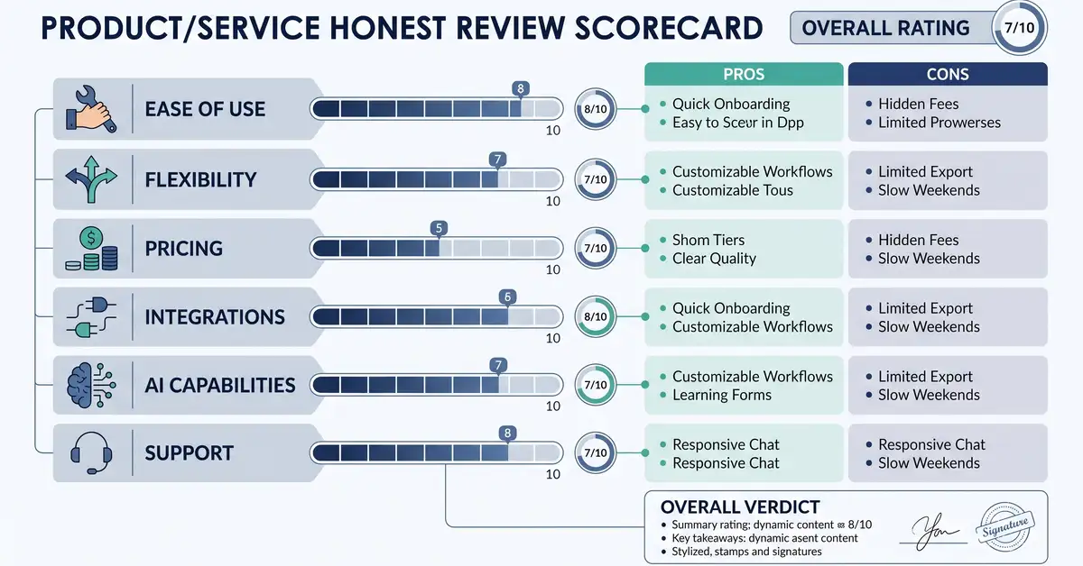 An n8n review scorecard rating ease of use, flexibility, pricing, integrations, AI capabilities, and support