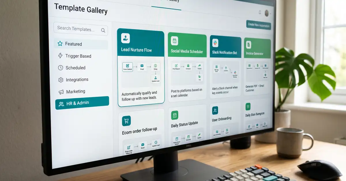 Close-up of an n8n template gallery showing workflow cards with node-graph thumbnails, a search bar, and category filters