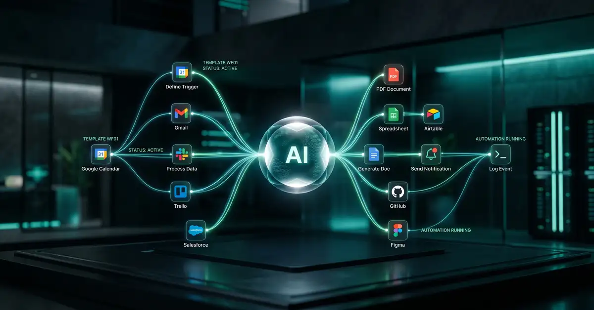 A conceptual AI agent workflow built from a template, shown as a glowing central node linked to app and document icons