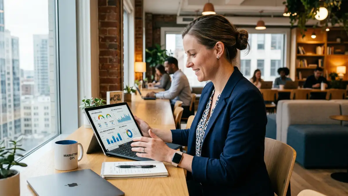 Business team reviewing Make.com automation dashboard with connected B2B applications and workflow scenarios