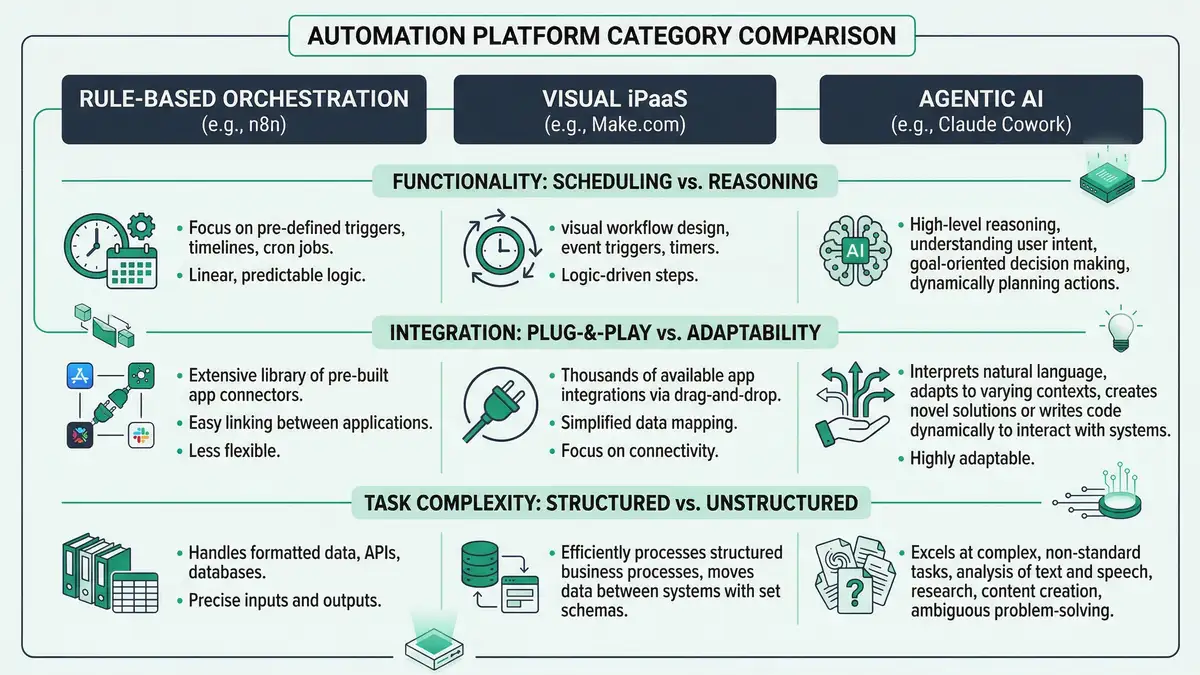 Infographic comparing n8n Make.com and Claude Cowork automation paradigms with pricing integration and capability data