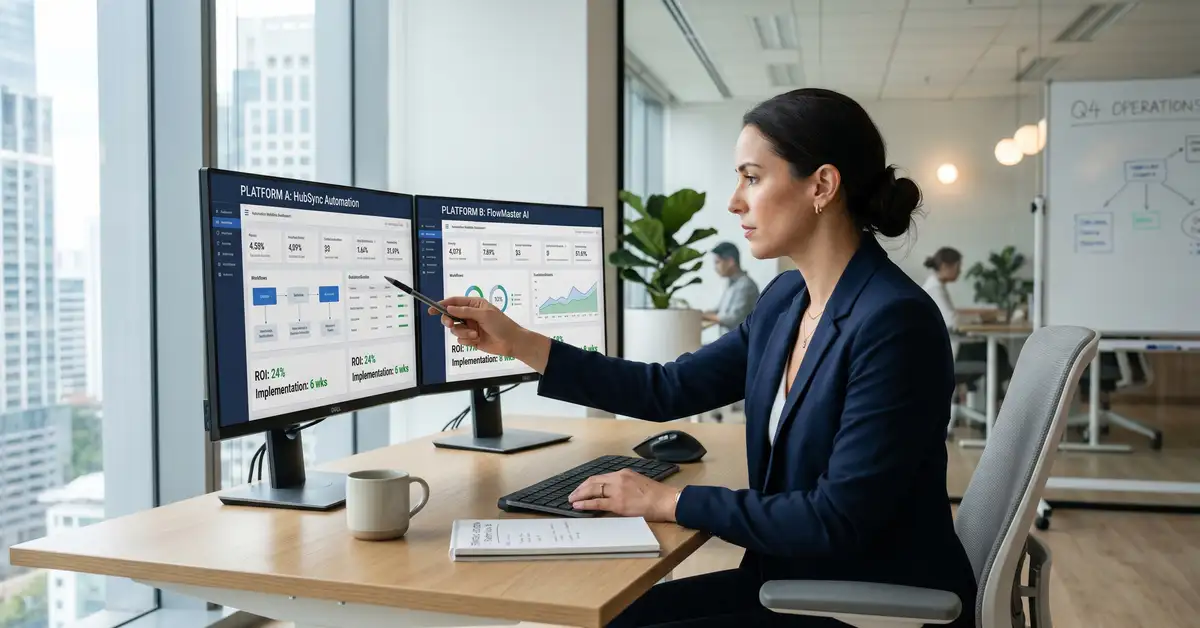 B2B operations leader comparing two automation workflow dashboards on dual monitors, weighing n8n vs Zapier for a serious production build