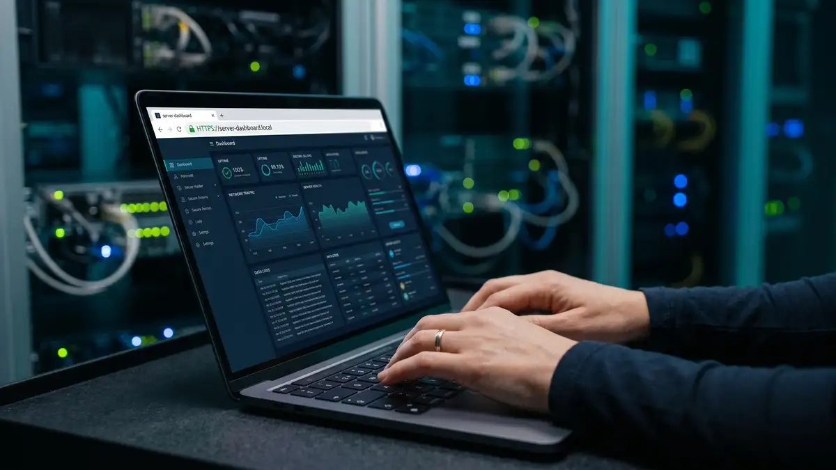 Hands typing on a laptop showing a secure server dashboard with a padlock and HTTPS for self-hosted data control