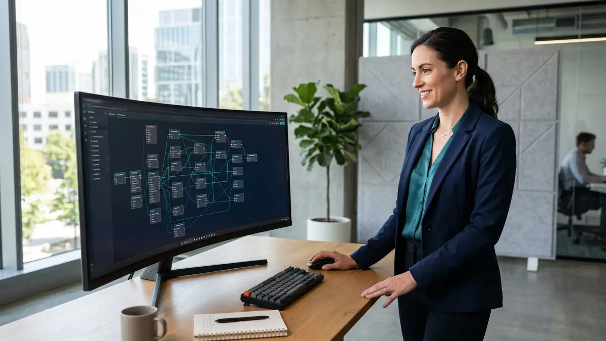 A B2B operations leader managing a self-hosted n8n automation system on a large monitor