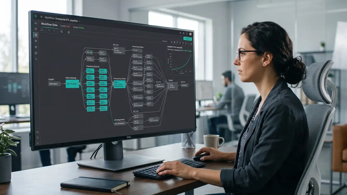 Engineer reviewing a complex multi-step automation workflow with many connected nodes on a monitor