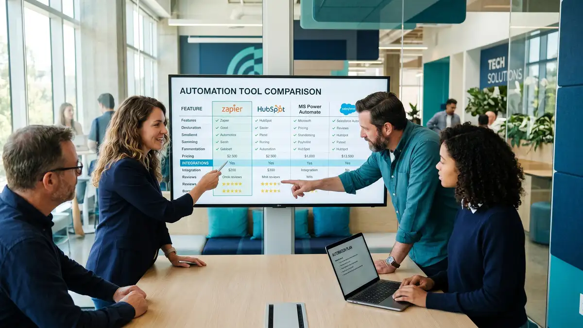 Small B2B team gathered around a screen comparing automation platform options