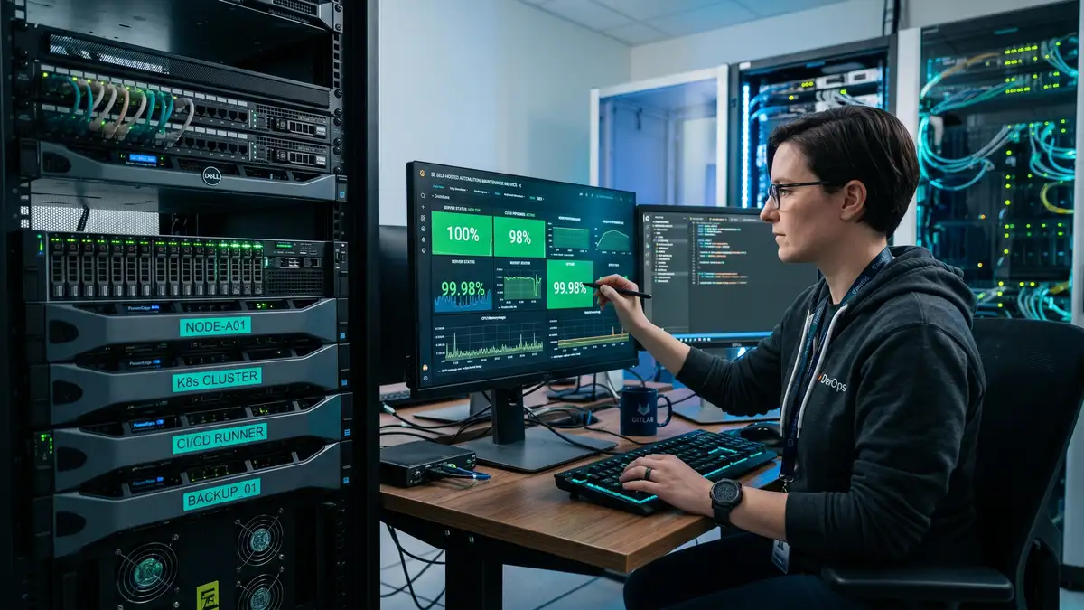 DevOps engineer monitoring a self-hosted n8n server rack and infrastructure dashboard