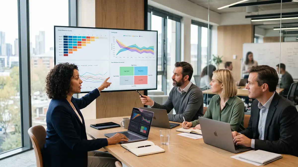 B2B SaaS executive team in a strategy meeting reviewing a multi-quadrant retention dashboard with cohort retention curves rising over time