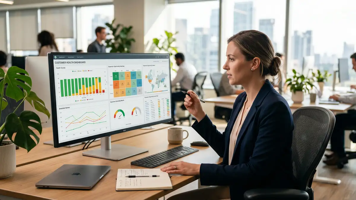 Customer success manager reviewing a customer health-score dashboard with green and amber risk indicators and an expansion-opportunity heatmap