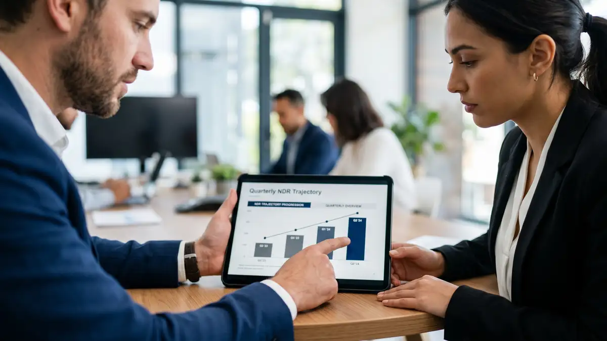 Two B2B SaaS executives reviewing a board-deck slide on a tablet showing quarterly NDR trajectory progression from 90% to 130%