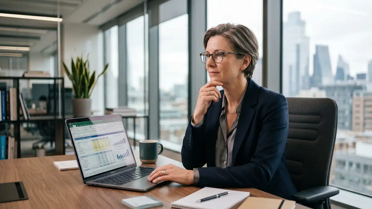 Thoughtful SaaS CFO at a modern desk reviewing a financial model spreadsheet for NDR forecasting and quarterly trajectory analysis