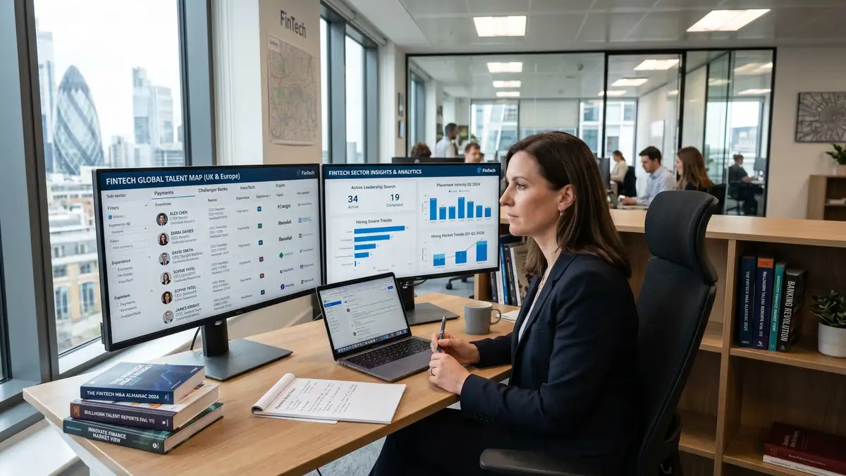 Boutique executive search consultant specialised in FinTech reviewing a sector-specific talent map and placement velocity dashboard across two monitors