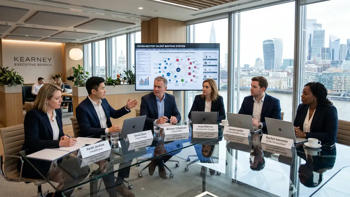 Multi-practice generalist executive search firm brainstorming session with consultants from different sector practice areas reviewing cross-sector talent mapping