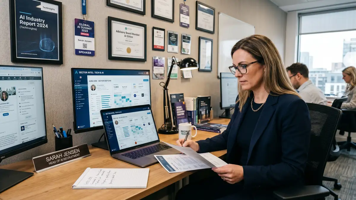 Specialist niche recruitment consultant at sector-focused desk reviewing industry-specific candidate profiles with framed sector authority assets on the walls