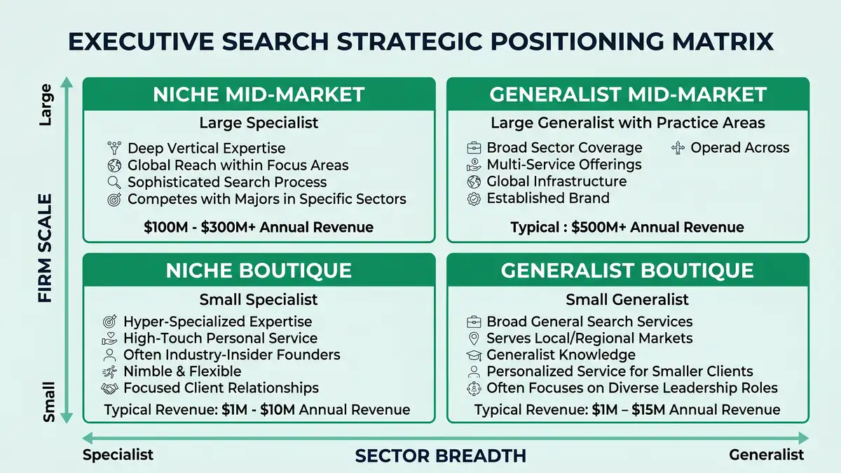 Strategic positioning matrix for executive search firms with sector breadth on horizontal axis and firm scale on vertical axis showing four quadrants for niche boutique, niche mid-market, generalist boutique, and generalist mid-market