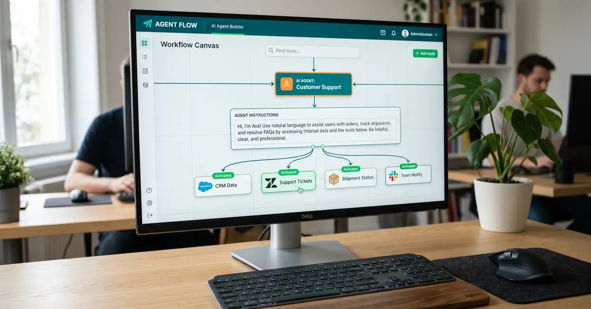 Close-up of a no-code AI agent builder showing a drag-and-drop canvas with a central agent block and connected tools