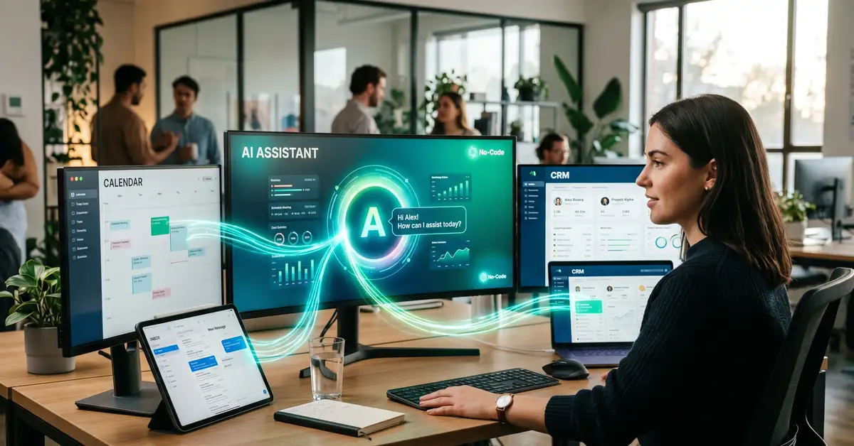 A no-code AI agent at work, a friendly assistant interface connected to a calendar, an inbox, and a CRM