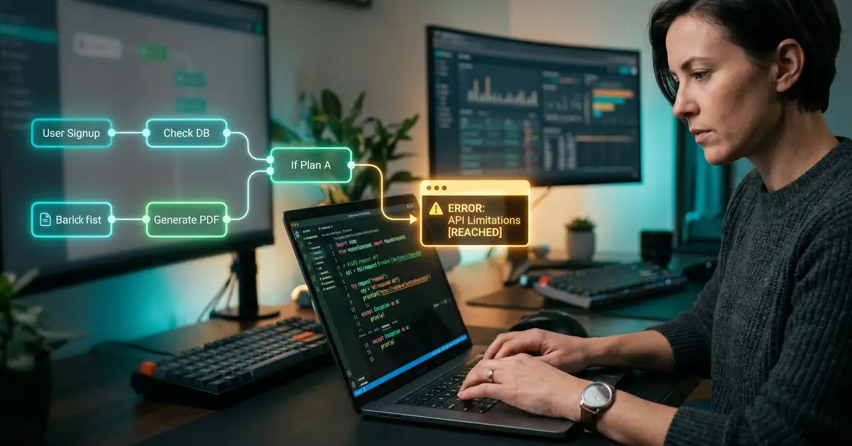 A glowing automation flow reaching a junction where a developer is needed, representing the limits of no-code