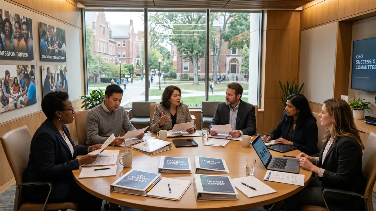 Non-profit board search committee reviewing CEO succession candidates with six board members around a circular meeting table