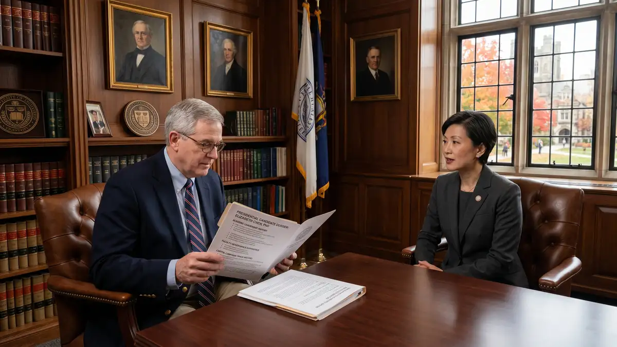 University president interview at a historic campus administration building with two professionals reviewing academic leadership history and capital campaign track record