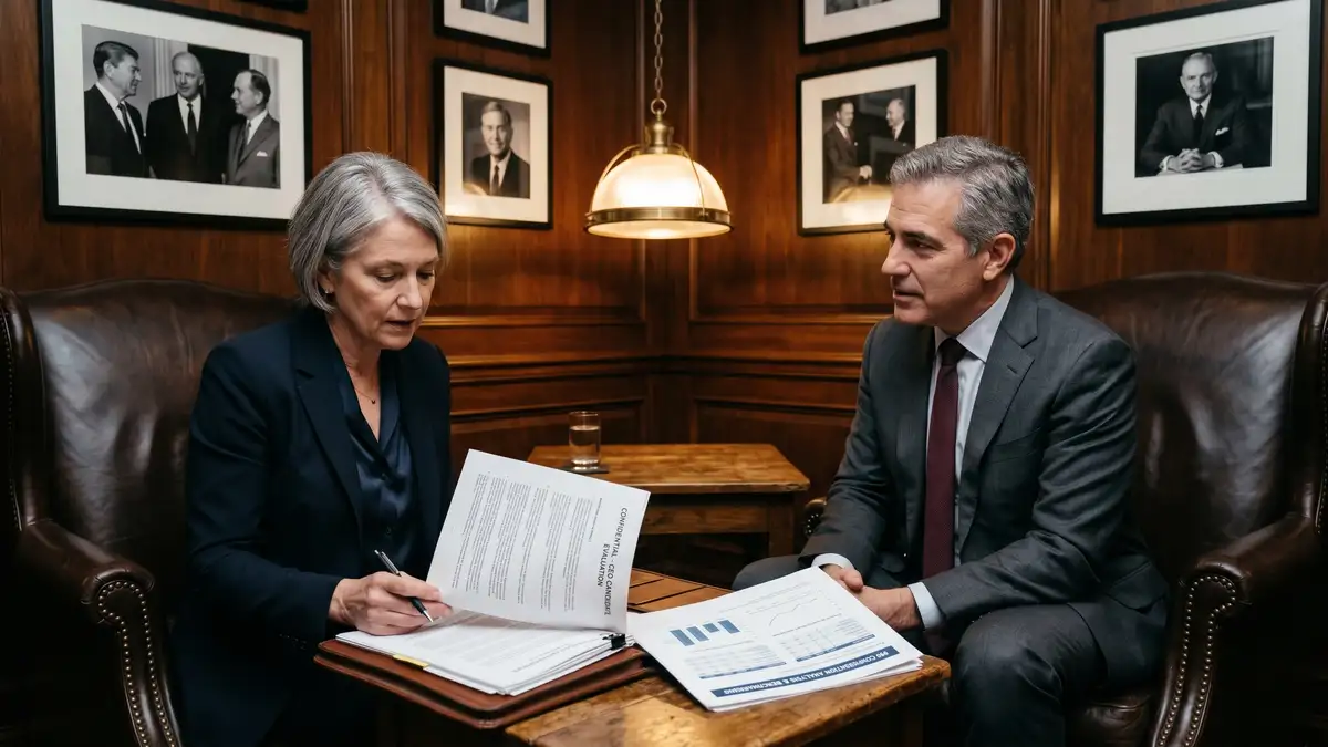 Confidential foundation CEO candidate interview at a quiet private club reviewing candidate dossier and 990 compensation analysis